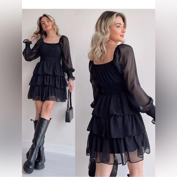 EUC Altar’d State Brand Layered Ruffle Long Sleeve Black Dress LBD Size XL - Picture 4 of 14